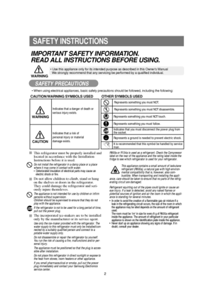 Page 32
SAFETY INSTRUCTIONS
CAUTION/WARNING SYMBOLS USEDOTHER SYMBOLS USED
Indicates that a danger of death or
serious injury exists.
Indicates that a risk of 
personal injury or material 
damage exists.
WARNING
CAUTION
• When using electrical appliances, basic safety precautions should be followed, including the following:
This appliance contains a small amount of isobutane
refrigerant (R600a), a natural gas with high environ-
mental compatibility that is, however, also com-
bustible. When transporting and...