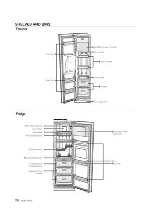 Page 26
Ice Maker Bucket (Optional)
Door Bins
Ice ChuteLamp Cover
Glass Shelves
Plastic Shelf
Drawers
Front Leg Cover
shELVEs anD Bins
Freezer
Vegetable &FruitDrawers
Delicatessen Box(Optional)
Z Shelf(Optional)
Water Filter (Optional)Lamp Cover
Glass Shelf
Door BinsCoolSelect ZoneDrawer(Optional)
Wine Shelf(Optional)
Moving Shelf(Optional)
Egg Tray
Fridge
_ operation

DA99-01581A(JM)-EN(0.0).indd   262007.9.18   4:22:7 PM
 