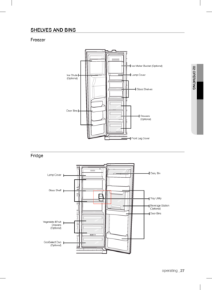 Page 27operating _ 02 oPEratingsHELVEs anD BinsFreezer
FridgeIce Maker Bucket (Optional)Door BinsIce Chute
(Optional)Lamp CoverGlass ShelvesDrawers
(Optional)Front Leg CoverDairy Bin
Lamp Cover
Glass Shelf
Door Bins
CoolSelect Duo  
(Optional) Vegetable &Fruit
Drawers
(Optional)Tray UtilityBeverage Station
(Optional) 