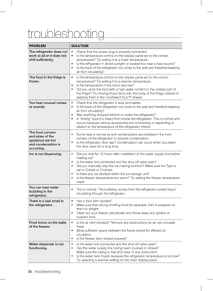 Page 36troubleshooting
PRObleMsOlUTION
the refrigerator does not 
work at all or it does not 
chill sufficiently.
•	Check that the power plug is properly connected.
•	Is the temperature control on the display panel set to the correct 
temperature? Try setting it to a lower temperature.
•	Is the refrigerator in direct sunlight or located too near a heat source?
•	Is the back of the refrigerator too close to the wall and therefore keeping 
air from circulating?
the food in the fridge is 
frozen.
•	Is the...