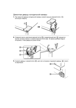 Page 12При закрытой дверце холодильной камеры снимите крышку верхней петли        , 
используя отвертку.
Отверните винты крепления верхней петли       и заземляющий винт      , вращая их 
против часовой стрелки и снимите верхнюю петлю       . Во время разборки будьте 
осторожны, чтобы дверца не упала на вас.
Снимите дверцу с нижней петли       , для чего осторожно поднимите дверцу         строго 
по вертикали.
Демонтаж дверцы холодильной камеры
установка
 ?rom 1ridgeЧ(anual.com (anuals 