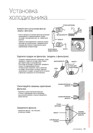 Page 19 установка_19 Удалите осадок из фильтра  (модель с фильтром). 

 Смонтируйте зажимы крепления 
фильтра .  Прижмите зажим крепления фильтра 
к стене в подходящем месте (например, 
под кухонной мойкой) и прочно прикрепите 
зажим винтом. Закрепите фильтр .  Закрепите фильтр , как показано 
на рисунке справа. Установка 
холодильника
01 SETTING UP Выберите место для установки фильтра 
 (модель с фильтром). 
 Если в процессе установки фильтра возникает
необходимость перемонтировать трубки 
на входе и...