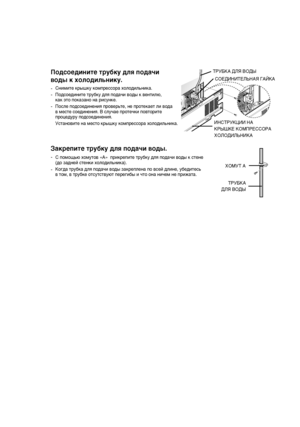 Page 2020_установка
Подсоедините трубку для подачи 
воды к холодильнику.Снимите крышку компрессора холодильника.
Подсоедините трубку для подачи воды к вентилю, 
как это показано на рисунке.
После подсоединения проверьте, не протекает ли вода 
в месте соединения. В случае протечки повторите 
процедуру подсоединения.
Установите на место крышку компрессора холодильника.
С помощью хомутов «А»  прикрепите трубку для подачи воды к стене 
(до задней стенки холодильника).
Когда трубка для подачи воды закреплена по всей...