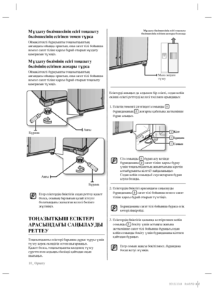 Page 11010_ Орнату
Есіктерді ашыңыз да алдымен бір есікті, содан кейін 
екінші есікті реттеуді келесі тəсілмен орындаңыз:
Есіктің төменгі ілгегіндегі сомынды  1. 
1  
бұрандаманың 
2 жоғарғы қабатына жеткенінше 
бұрап алыңыз.
Сіз сомынды 
1  бұрап алу кезінде 
бұрандаманы 2  сағат тіліне қарсы бұрау 
үшін тоңазытқыштың жиынтығына кіретін 
алтыбұрышты кілтті3 пайдаланыңыз
Содан кейін сомынды1 саусақтармен бұрап 
алуға болады.
Есіктердің биіктігі арасындағы саңылауды  2. 
бұрандаманы 
2  сағат тілі бойынша немесе...