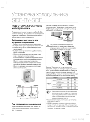Page 606_ Установка
ПОДГОТОВКА К УСТАНОВКЕ 
ХОЛОДИЛЬНИКА
Поздравляем с покупкой холодильника Side-By-Side 
компании Samsung. Мы надеемся, что вам понравится 
множество современных функций и эффективность 
работы вашего нового холодильника.
Выбор наилучшего места для 
установки холодильника
Выберите место с удобным доступом к водопроводу. • 
Выберите место, куда не падает прямой солнечный свет. • 
Выберите место, где пол горизонтальный (или почти  • 
горизонтальный).
Выберите место, где можно легко и удобно...