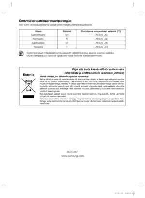 Page 60Ümbritseva toatemperatuuri piirangud
See külmik on loodud töötama vastalt sellele märgitud temperatuuriklassile.
Sisetemperatuure mõjutavad külmiku asukoht, välistemperatuur ja ukse avamise sagedus.
Muutke temperatuuri vastavalt vajadusele nende faktorite kompenseerimiseks.
Klass Sümbol Ümbritseva temperatuuri vahemik (°C)
Subnormaalne SN +10 kuni +32
Normaalne N +16 kuni +32
Subtroopiline ST +16 kuni +38
Troopiline T +16 kuni +43
Estonia
Õige viis toote kasutuselt kõr valdamiseks 
(elektriliste ja...