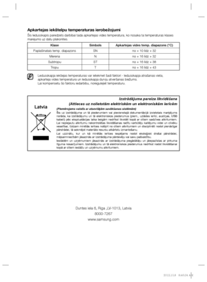 Page 80Apkartejas iekštelpu temperaturas ierobežojumi
Šis ledusskapis paredzets darbibai tada apkartejas vides temperatura, ko nosaka ta temperaturas klases 
marejums uz datu plaksnites.
Ledusskapja iekšejas temperaturas var ietekmet šadi faktori - ledusskapja atrašanas vieta,
apkarteja vides temperatura un ledusskapja durvju atveršanas biežums.
Lai kompensetu šo faktoru iedarbibu, noregulejiet temperaturu.
Klase Simbols Apkartejas vides temp. diapazons (°C)
Paplašinatais temp. diapazons SN no + 10 līdz + 32...