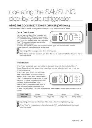 Page 31
operating _1

operating the SAMSUNG  
side-by-side refrigerator
using tHE CooLsELECt ZonE™ DrawEr (oPtionaL)
The CoolSelect Zone™ Drawer is designed to make your busy life just a\
 little bit easier.
Quick Cool Button
You can use the “Quick Cool” operation with the CoolSelect Zone™ Drawer to quickly cool1~3 canned beverages in about an hour. When the “Quick Cool” process ends, the CoolSelectZone™ Drawer automatically returns to the previously set temperature.To cancel this operation, press the...