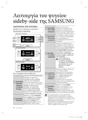 Page 11216_ Λειτουργία
Λειτουργία του ψυγείου 
sideby-side της SAMSUNG
ΛΕΙΤΟΥΡΓΙΑ ΤΟΥ ΨΥΓΕΙΟΥ
ΧΡΗΣΗ ΤΟΥ ΠΙΝΑΚΑ ΕΛΕΓΧΟΥ / 
ΨΗΦΙΑΚΗΣ ΟΘΟΝΗΣ
 
Όταν δε χρησιμοποιείται η Οθόνη θα 
απενεργοποιείται, γεγονός απόλυτα φυσιολογικό.
ΚΟΥΜΠΙ 
POWER
FREEZE 
(ΤΑΧΕΙΑ
ΨΥΞΗ)
Επιταχύνει το χρόνο που 
απαιτείται για την κατάψυξη 
προϊόντων στον καταψύκτη.
Αυτή η λειτουργία μπορεί να είναι 
χρήσιμη εάν πρέπει να καταψύξετε 
τρόφιμα σε μικρό χρονικό 
διάστημα, τα οποία χαλούν 
εύκολα ή εάν η θερμοκρασία 
στον καταψύκτη έχει ανέλθει...