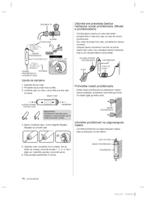 Page 13414_ postavljanje
Upute za zamjenu
1. Isključite dovod vode.
2. Provjerite koji je smjer toka na ﬁ ltru.
3.  Umetnite cijev za vodu u otvor ﬁ ltra sve dok cijev 
ne stane.
4.   
Nakon umetanja cijevi, čvrsto stegnite štipaljku. 
Štipaljka će učvrstiti cijev.
5.  Uključite vodu i provjerite ima li curenja. Ako je 
došlo do curenja, ponovite korake 1, 2, 3 i 4. Ako i 
dalje curi, prekinite uporabu i pozovite servis.
6. Prije uporabe ispirite ﬁ ltar 5 minuta.
Uklonite sve preostale čestice 
nečistoće unutar...