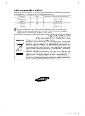 Page 168Kuﬁ jtë e temperaturës së ambientit
Ky frigorifer është projektuar që të funksionojë në temperatura ambienti të speciﬁ kuara 
nga kategoria e saj e temperaturës në pllakën e klasiﬁ kimeve.
Kategoria Simboli Diapazoni i temperaturës së ambientit (°C)
Mesatare e gjerë SN +10 deri në +32
Mesatare N +16 deri në +32
Subtropikale ST +16 deri në +38
Tropikale T +16 deri në +43
   Temperaturat e brendshme mund të ndikohen nga faktorë të tillë si vendndodhja e 
frigoriferit, temperatura e ambientit dhe shpeshtia...