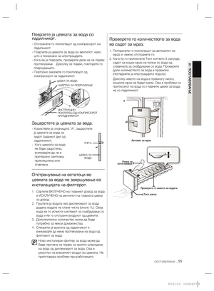 Page 183поставување _15
01 ПОСТАВУВАЊЕ
Поврзете ја цевката за вода со 
ладилникот.
-  Отстранете го поклопецот од компресорот на 
ладилникот.
-  Поврзете ја цевката за вода во вентилот, како 
што е покажано на илустрацијата.
-  Кога ќе ја поврзете, проверете дали ќе се појави 
протекување.    Доколку се појави, повторете го 
поврзувањето.
-  Повторно закачете го поклопецот од 
компресорот на ладилникот.
Зацврстете ја цевката за вода.
-  Користејќи ја спојницата ”A”, зацврстете 
ја цевката за вода за 
ѕидот...