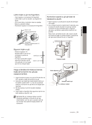 Page 159instalimi _15
01 INSTALIMI
Lidhni linjën e ujit me frigoriferin.
-  Hiqni kapakun e kompresorit të frigoriferit.
-   Lidhni linjën e ujit me valvulën, siç tregohet në 
ﬁ gurë.
-  Kur ta keni lidhur, kontrolloni nëse ka rrjedhje.
    Nëse ka, përsëritni lidhjen.
-  Rivendosni kapakun e kompresorit të frigoriferit.
Siguroni linjën e ujit.
-   Përdorni kapësen "A", 
ﬁ ksojeni linjën e ujit në mur 
(në pjesën e pasme të 
frigoriferit).
-    Kur linja e ujit të jetë e sigurt, 
sigurohuni që linja e...