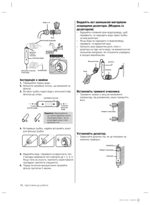 Page 3814_ підготовка до роботи
Видаліть всі залишкові матеріали 
зсередини дозатора. (Модель із 
дозатором)
- Відкрийте головний кран водопроводу, щоб 
перевірити, чи надходить вода через трубку 
на вхід дозатора.
- Якщо вода не надходить із водопроводу, 
перевірте, чи відкритий кран.
- Залишіть кран відкритим доти, поки з 
дозатора не піде чиста вода і не вимиються всі 
залишкові матеріали, які потрапили усередину 
в процесі виробництва.
Встановіть тримачі очисника- Тримаючи тримач у місці встановлення...