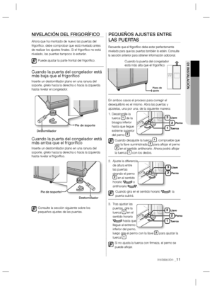 Page 11instalación _11
01 INSTALACIÓN
NIVELACIÓN DEL FRIGORÍFICO
Ahora que ha montado de nuevo las puertas del 
frigoríﬁ co, debe comprobar que está nivelado antes 
de realizar los ajustes ﬁ nales. Si el frigoríﬁ co no está 
nivelado, las puertas tampoco lo estarán.
Puede ajustar la parte frontal del frigoríﬁ co.
Cuando la puerta del congelador está 
más baja que el frigoríﬁ co
Inserte un destornillador plano en una ranura del 
soporte, gírelo hacia la derecha o hacia la izquierda 
hasta nivelar el congelador....