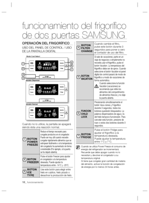 Page 1616_ funcionamiento
OPERACIÓN DEL FRIGORÍFICO
USO DEL PANEL DE CONTROL / USO 
DE LA PANTALLA DIGITAL
Cuando no lo utilice, la pantalla se apagará 
siendo ésta una reacción normal.
BOTON 
POWER 
FREEZE
Reduce el tiempo necesario para 
congelar productos en el congelador. 
Puede ser muy útil cuando necesite 
congelar rápidamente alimentos que se 
estropean fácilmente o si la temperatura 
del congelador ha aumentado de forma 
considerable (Por ejemplo, si la puerta 
se ha dejado abierta).
BOTON 
FREEZERPulse...