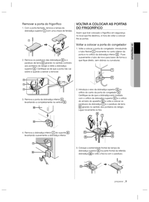Page 33preparar _9
01 PREPARAR
Remover a porta do frigoríﬁ co
1.  Com a porta fechada, remova a tampa da 
dobradiça superior 1 com uma chave de fendas.
2.  Remova os parafusos das dobradiças 
2 e o 
parafuso de terra 3 girando no sentido contrário 
aos ponteiros do relógio e retire a dobradiça 
superior 
4. Certiﬁ que-se de que a porta não cai 
sobre si quando a estiver a remover.
3.  Remova a porta da dobradiça inferior 
5 
levantando-a completamente na vertical 6.
4.  Remova a dobradiça inferior 
7 do suporte...