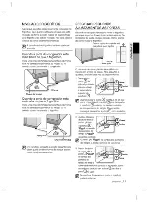 Page 35preparar _11
01 PREPARAR
NIVELAR O FRIGORÍFICO
Agora que as portas estão novamente colocadas no 
frigoríﬁ co, deve querer certiﬁ carse de que este está 
nivelado, de forma a poder realizar os ajustes ﬁ nais. 
Se o frigoríﬁ co não estiver nivelado, não será possível 
colocar as portas totalmente simétricas.
A parte frontal do frigoríﬁ co também pode ser 
ajustada.
Quando a porta do congelador está 
mais baixa do que o frigoríﬁ co
Insira uma chave de fendas numa ranhura da Perna, 
rode no sentido dos...