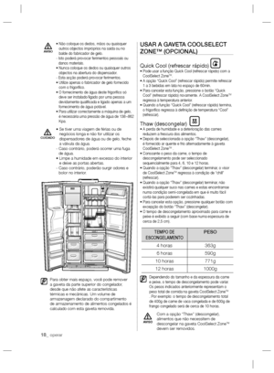 Page 4218_ operar
•  Não coloque os dedos, mãos ou quaisquer 
outros objectos impróprios na saída ou no 
balde do fabricador de gelo.
-  Isto poderá provocar ferimentos pessoais ou 
danos materiais.
•  Nunca coloque os dedos ou quaisquer outros 
objectos na abertura do dispensador.
- Esta acção poderá provocar ferimentos.
•  Utilize apenas o fabricador de gelo fornecido 
com o frigoríﬁ co.
•  O fornecimento de água deste frigoríﬁ co só 
deve ser instalado/ligado por uma pessoa 
devidamente qualiﬁ cada e ligado...