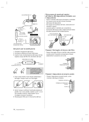 Page 6214_ impostazione
Istruzioni per la sostituzione
1. Chiudere l’erogazione dell’acqua.
2. Annotarsi la direzione di ﬂ usso dell’acqua.
3.  Inserire il tubo di alimentazione dell’acqua nel lato 
ingresso acqua del ﬁ ltro ﬁ no all’arresto del tubo.
4.  Dopo avere inserito il tubo ﬁ ssare saldamente il 
fermaglio. Fissare il tubo con il fermaglio.
5.  Aprire l’acqua e veriﬁ care l’eventuale presenza di 
perdite. Se vi sono perdite, ripetere i punti 1,2,3,4. 
Se la perdita continua, interrompere l’uso e...