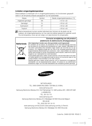 Page 48Limieten omgevingstemperatuur
Deze koelkast is ontworpen om in omgevingstemperatuur te functioneren gespeciﬁ -
ceerd in de temperatuurklasse aangegeven op het typeplaatje.
Klasse Symbol Bereik omgevingstemperatuur (°C)
Uitgebreid gematigd SN +10 tot +32
Gematigd N +16 tot +32
Subtropisch ST +16 tot +38
Tropisch T +16 tot +43
   Interne temperaturen kunnen worden beïnvloed door factoren als de plaats van de 
koelkast, de omgevingstemperatuur en hoe vaak de koelkast geopend en gesloten wordt. 
Pas de...