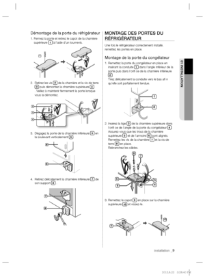 Page 9installation _9
01 INSTALLATION
Démontage de la porte du réfrigérateur
1.  Fermez la porte et retirez le capot de la charnière 
supérieure 1 à l’aide d’un tournevis.
2.   Retirez les vis 
2 de la charnière et la vis de terre 3 puis démontez la charnière supérieure 4
. Veillez à maintenir fermement la porte lorsque 
vous la démontez.
3.   Dégagez la porte de la charnière inférieure 
5 en 
la soulevant verticalement 6.
4.   Retirez délicatement la charnière inférieure 
7 de 
son support 8 .
MONTAGE DES...