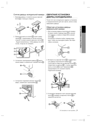 Page 129Установка и настройка _9
01 УСТАНОВКА И НАСТРОЙКА
Снятие дверцы холодильной камеры
1.  Закройте дверцу и снимите крышку верхней 
петли 1 с помощью отвертки.
2.   Выкрутите винты из петли 
2 и винт зазем-
ления 3 , поворачивая их против часовой 
стрелки, а затем снимите верхнюю петлю 4
. Будьте внимательны, чтобы дверцы не упали 
на вас, когда вы их снимаете.
3.   Осторожно приподнимите дверцу 
6 верти-
кально вверх и снимите ее с нижней петли 5.
4.   Осторожно поднимая нижнюю петлю 
7 
вверх, снимите ее...