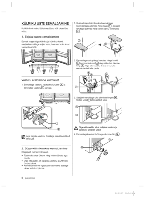 Page 1528_ paigaldus
KÜLMIKU USTE EEMALDAMINE
Kui külmik ei mahu läbi sissepääsu, võib uksed ära 
võtta.
1. Esijala kaane eemaldamine
Esmalt avage sügavkülmiku ja külmiku uksed, 
seejärel eemaldage esijala kaas, keerates kolm kruvi 
vastupäeva lahti.
Veetoru eraldamine külmikust
1.  Eemaldage veetoru, vajutades lukustile 1 ja 
tõmmates veetoru 2 eemale.
Ärge lõigake veetoru. Eraldage see ettevaatlikult 
liitmikust.
2. Sügavkülmiku ukse eemaldamine
Kõigepealt mõned märkused.
•   Tõstke uks otse üles, et hingi...
