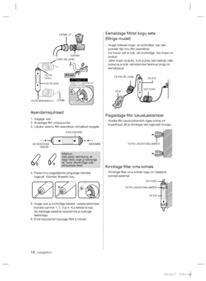 Page 15814_ paigaldus
Asendamisjuhised
1. Sulgege vesi
2. Arvestage ﬁ ltri voolusuunda.
3. Lükake veetoru ﬁ ltri sisendisse võimalikult kaugele.
4.  Pärast toru paigaldamist pingutage klamber 
tugevalt. Klamber ﬁ kseerib toru.
5.  Avage vesi ja kontrollige lekkeid. Lekete tekkimisel 
korrake samme 1, 2, 3 ja 4. Kui lekked ei kao, 
siis lõpetage seadme kasutamine ja kutsuge 
teenindaja.
6. Enne kasutamist loputage ﬁ ltrit 5 minutit.
Eemaldage ﬁ ltrist kogu sete         
(ﬁ ltriga mudel)
-   Avage toitevee kraan,...