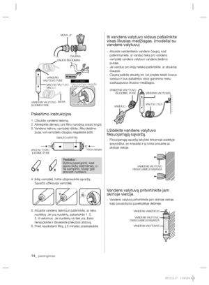 Page 18214_ parengimas
Pakeitimo instrukcijos
1. Užsukite vandens tiekimą.
2. Atkreipkite dėmesį į ant ﬁ ltro nurodytą srauto kryptį.
3.  Vandens tiekimo vamzdelį kiškite į ﬁ ltro įleidimo 
pusę, kol vamzdelio daugiau negalėsite įkišti.
4.  Įkišę vamzdelį, tvirtai užsprauskite sąvaržą.
    Sąvarža užﬁ ksuoja vamzdelį.
5.  Atsukite vandens tiekimą ir patikrinkite, ar nėra 
nuotėkių. Jei yra nuotėkių, pakartokite 1, 2, 
3, 4 veiksmus. Jei nuotėkių vis tiek yra, įtaiso 
nenaudokite ir iškvieskite prekybos atstovą....