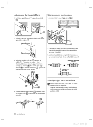 Page 20210_ uzstādīšana
Ledusskapja durvju uzstādīšana
1.   Ievietojiet apakšējo eņģi 1 atpakaļ kronšteinā 2.
2.   Uzlieciet caurumu ledusskapja durvju stūrī 
3 uz 
apakšējām eņģēm 4.
3.    Ievietojiet augšējo eņģu asi 
5 caurumā uz 
eņģēm 6. Pārbaudiet, ka eņģes ir līmenī 
starp augšējo eņģu caurumu 7 un caurumu 
uz korpusa virsmas 8. Tad ieskrūvējiet eņģu 
skrūves 9 un iezemējuma skrūvi 10 , griežot tās 
pulksteņrādītāja kustības virzienā.
4.   Uzlieciet augšējo eņģu vāciņa 
11 priekšējo malu 
uz augšējo eņģu...