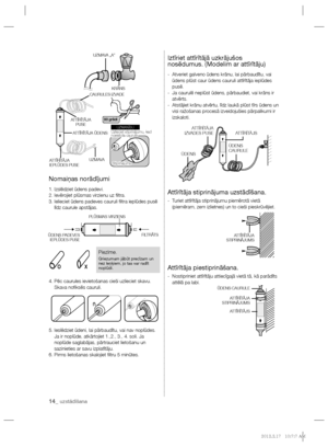 Page 20614_ uzstādīšana
Nomaiņas norādījumi
1. Izslēdziet ūdens padevi.
2. Ievērojiet plūsmas virzienu uz ﬁ ltra.
3.  Ielieciet ūdens padeves cauruli ﬁ ltra ieplūdes pusē 
līdz caurule apstājas.
4.   
Pēc caurules ievietošanas cieši uzlieciet skavu. 
Skava noﬁ ksēs cauruli.
5.   
Ieslēdziet ūdeni, lai pārbaudītu, vai nav noplūdes. 
Ja ir noplūde, atkārtojiet 1.,2., 3., 4. soli. Ja 
noplūde saglabājas, pārtrauciet lietošanu un 
sazinieties ar savu izplatītāju.
6. Pirms lietošanas skalojiet ﬁ ltru 5 minūtes....