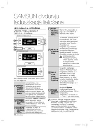 Page 20816_ lietošana
SAMSUN divdurvju 
ledusskapja lietošana
LEDUSSKAPJA LIETOŠANA
VADĪBAS PANEĻA / DIGITĀLĀ 
DISPLEJA LIETOŠANA
 
Kad displejs netiek izmantots, tas nodzisīs; 
tas nav bojājums.
POWER 
FREEZE
 
(SPĒCĪGA 
SALDĒŠANA) 
POGA
Samazina laiku, kas 
nepieciešams produktu 
sasaldēšanai saldētavā.
Tas var būt noderīgi, ja 
nepieciešams ātri sasaldēt 
ēdienus, kas ātri bojājas, vai 
ja temperatūra saldētavā ir ļoti 
paaugstinājusies (piemēram, 
bijušas atstātas vaļējas durvis).
FREEZER 
(SALDĒTAVA) 
POGA...