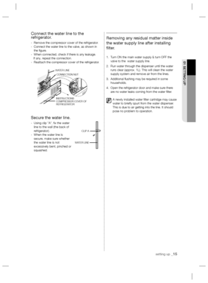 Page 15setting up _15
01 SETTING UP
Connect the water line to the 
refrigerator.
-  Remove the compressor cover of the refrigerator.
-   Connect the water line to the valve, as shown in 
the ﬁ gure.
-  When connected, check if there is any leakage.
    If any, repeat the connection.
-  Reattach the compressor cover of the refrigerator.
Secure the water line.
-   Using clip ”A”, ﬁ x the water 
line to the wall (the back of 
refrigerator).
-    When the water line is 
secure, make sure whether 
the water line is...