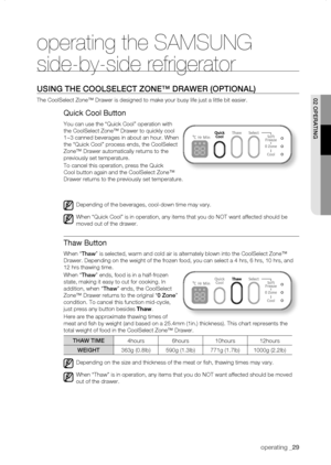 Page 29
operating _

operating the SAMSUNG 
side-by-side refrigerator
using thE CooLsELECt ZonE™ DrawEr (oPtionaL)
The CoolSelect Zone™ Drawer is designed to make your busy life just a\
 little bit easier.
Quick Cool Button
You can use the “Quick Cool” operation with 
the CoolSelect Zone™ Drawer to quickly cool 
1~3 canned beverages in about an hour. When 
the “Quick Cool” process ends, the CoolSelect 
Zone™ Drawer automatically returns to the 
previously set temperature.
To cancel this operation,...