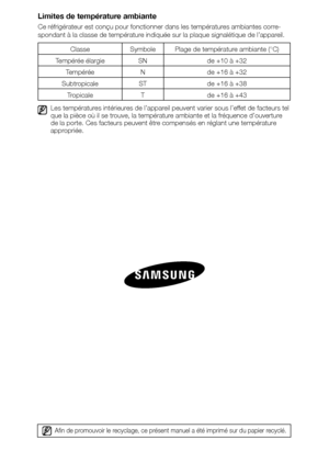 Page 24Afin de promouvoir le recyclage, ce présent manuel a été imprimé sur du papier recyclé.
Limites	de	température	ambiante
Ce réfrigérateur est conçu pour fonctionner dans les températures ambiantes corre-
spondant à la classe de température indiquée sur la plaque signalétique de l’appareil.Les températures intérieures de l’appareil peuvent varier sous l’effet de facteurs tel
que la pièce où il se trouve, la température ambiante et la fréquence d’ouverture 
de la porte. Ces facteurs peuvent être compensés...