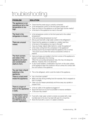 Page 15PROBLEMsOLUTION
The appliance is not 
operating at all or the 
temperature is too 
high.•	Check that the power plug is correctly connected.
•	 Is the temperature control on the front panel correctly set?
•	 Does sun shine on the appliance or are there heat sources nearby?
•	 Is the back of the appliance too near to the wall?
The food in the 
refrigerator is frozen.•	Is the temperature control on the front panel set to the coldest 
temperature?
•	 Is the surrounding temperature too low?
•	 Did you put...