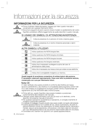 Page 18I nformazioni per la sicurezza   
INFORMAZIONI PER LA SICUREZZA
 
 
•  Prima di attivare l’elettrodomestico, leggere per intero questo manuale e 
conservarlo per qualsiasi riferimento futuro.  
   
•  
Siccome le seguenti istruzioni coprono diversi modelli, le caratteristiche del vostro 
frigorifero potrebbero differire leggermente da quelle descritte in questo manuale. 
   
SI USANO DEI SIMBOLI DI ATTENZIONE/AVVERTENZA
 
 
ALTRI SIMBOLI UTILIZZATI  
 
Indica qualcosa che NON bisogna fare. 
  Indica...