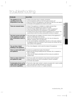 Page 13troubleshooting _13 troubleshooting _13
04 TROUBLESHOOTING
troubleshooting
PROBLEM SOLUTION
The appliance is not 
operating at all or the 
temperature is too high.• Check if the power plug is correctly connected.
• Is the temperature control on the front panel correctly set?
• Does sun shine on the appliance or are there any heat sour ces nearby?
• Is the back of the appliance too close to the wall?
There are unusual noises.• Check if the appliance is installed on a stable and even ﬂ oor.
• Is the back...
