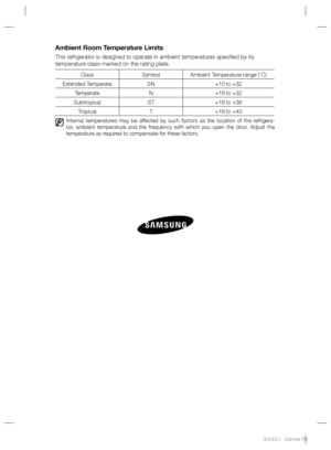 Page 14Ambient Room Temperature Limits
This refrigerator is designed to operate in ambient temperatures speciﬁ ed by its 
temperature class marked on the rating plate.
Class Symbol Ambient Temperature range (°C)
Extended Temperate SN +10 to +32
Temperate N +16 to +32
Subtropical ST +16 to +38
Tropical T +16 to +43
   Internal temperatures may be affected by such factors as the location of the refrigera-
tor, ambient temperature and the frequency with which you open the door. Adjust the
temperature as required...