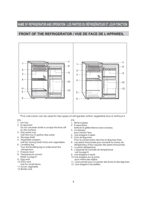 Page 51
2
3
4
5
610
129 8 71
2
4
5
610
129 8 7311This instruction can be uesd for two types of refrigarator either vegetable-box or without it.4FR:
1. Bo gla
2. Evaporateur
3. Un plateau
4. Une tag re
5. Coin de l gumes.
Pour la conservation des fruit et gumes frais.
6. Les pieds horizontals pour soutenir le niveau de
r
7. La porte r .
8. de temp rature
voir la page 6.
9. Une oeufs
10.Une porte
pour metre des objets.
11. Lecouvercle pour un panier des fruits et des l
12. Une bouteilles.îte
è
ère
ère sur la
ère...