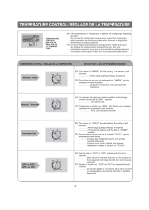 Page 7EN: The nearer to WARM the dial setting, the warmer it will
become.
...................When small quantity of foods are stored.
FR: Plus le bouton est proche de la position , plus la
temp rature sera mod .WARM
...................Lorsque on conserve une petite quantit
aliments. éérée
lé
d6EN: To maintain the optimum inside condition food storage,
set the control dial at  MID  position .
.....................For normal use.
FR: Positionnez le bouton sur  MID  afin davoir une condition
optimale de...