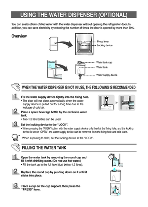 Page 1211
USING THE WATER DISPENSER (OPTIONAL)
You can easily obtain chilled water with the water dispenser without opening the refrigerator door. In
addition, you can save electricity by reducing the number of times the door is opened by more than 30%.
Press lever
Locking device
Water tank cap
Water tank
Water supply device
WHEN THE WATER DISPENSER IS NOT IN USE, THE FOLLOWING IS RECOMMENDED
FILLING THE WATER TANK
Overview
Fix the water supply device tightly into the fixing hole.
• The door will not close...