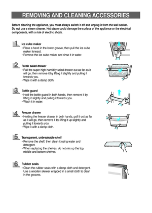 Page 1413
REMOVING AND CLEANING ACCESSORIES
Ice cube maker 
• Place a hand in the lower groove, then pull the ice cube
maker forward.
• Remove the ice cube maker and rinse it in water.
Fresh salad drawer
• Pull the super high-humidity salad drawer out as far as it
will go, then remove it by lifting it slightly and pulling it
towards you.
• Wipe it with a damp cloth.
Bottle guard
• Hold the bottle guard in both hands, then remove it by
lifting it slightly and pulling it towards you.
• Wash it in water.
Freezer...