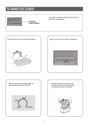 Page 8FREEZER
COMPARMENT       If you want to make ice cubes put the ice tray in 
       the freezer compartment.
      Hold both ends of the ice tray, remove the 
       ice cubes from the tray by twisting it gently.
       Do not bend the ice tray or it will crack.
TO MAKE ICE CUBES
 Fill water into the ice tray to the about 80%capacity. Slide the ice tray into the freezer compartment.OFFCOLDCOOLCOLDEST
 When you want to make ice cubes rapidly, the
 thermostat should be set at  COLDEST  .7
 