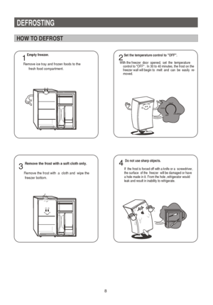 Page 9DEFROSTING 
HOW TO DEFROST
     Empty freezer.
 Remove ice tray and frozen foods to the 
       fresh food compartment.
1
3
       Remove the frost with a soft cloth only.  
      Remove the frost with  a  cloth and  wipe the 
       freezer bottom.
  8
       Set the temperature control to OFF.
       
  With the freezer  door  opened,  set  the  temperature
      control to OFF . In 30 to 40 minutes, the frost on the 
      freezer wall will begin to  melt  and  can  be  easily  re-
      moved.
OFF...