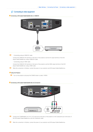 Page 22| Bas ic  Settings| Connecting the Power| Connecting to video equipment| 
 
 
 
 Connecting a DVD player/Cable/Satellite Box to HDMI/DVI
 
 
 
- Connecting using an HDMI/DVI cable  
Connect the [HDMI/DVI IN] terminal on the back of the projector and the DVI output terminal of the DVD 
player/Cable/Satellite box using a HDMI/DVI cable.
- Connecting using an HDMI cable
Connect the [HDMI/DVI IN] terminal on the back of the projector and the HDMI output terminal of the DVD 
player/Cable/Satellite box using a...