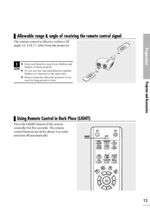 Page 13Preparation
Projector and Accessories
13
The remote control is effective within a 30°
angle 23~33 ft (7~10m) from the projector.
CAUTION
Keep used batteries away from children and
dispose of them properly.
Do not use new and used batteries together.
Replace two batteries at the same time.
Remove batteries when the projector is not
used for long periods of time.
Press the LIGHTbutton of the remote
controller for five seconds. The remote
control buttons are lit for about 5 seconds
and turn off...