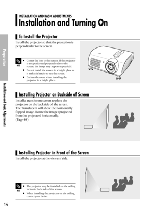 Page 1414
NOTE
The projector may be installed on the ceiling
in front / back side of the screen.
When installing the projector on the ceiling,
contact your dealer.
Install the projector so that the projection is
perpendicular to the screen.
Install a translucent screen to place the
projector on the backside of  the screen.
The Translucent will show the horizontally
flipped image. Rotate the image (projected
from the projector) horizontally. 
(Page 44)
Install the projector at the viewers’ side.
INSTALLATION...