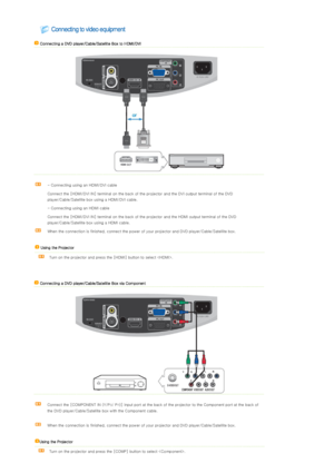 Page 21 
  Connecting a DVD player/Cable/Satellite Box to HDMI/DVI
 
 
 
- Connecting using an HDMI/DVI cable 
Connect the [HDMI/DVI IN] terminal on the back of the projector  and the DVI output terminal of the DVD 
player/Cable/Satellite box using a HDMI/DVI cable.
- Connecting using an HDMI cable
Connect the [HDMI/DVI IN] terminal on the back of the projector  and the HDMI output terminal of the DVD 
player/Cable/Satellite box using a HDMI cable.  
When the connection is finished, connect the power of your...